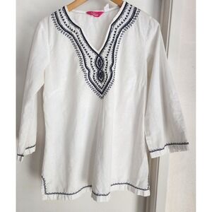 Papagallo Tunic Size M White Cotton Embroidered Women's Top Bohemian Folk